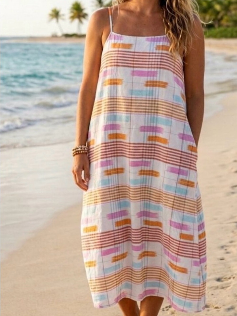 Lou & Grey LOFT Cotton Trapeze Midi Sundress S Pockets Ikat Sherbet Stripe Plaid